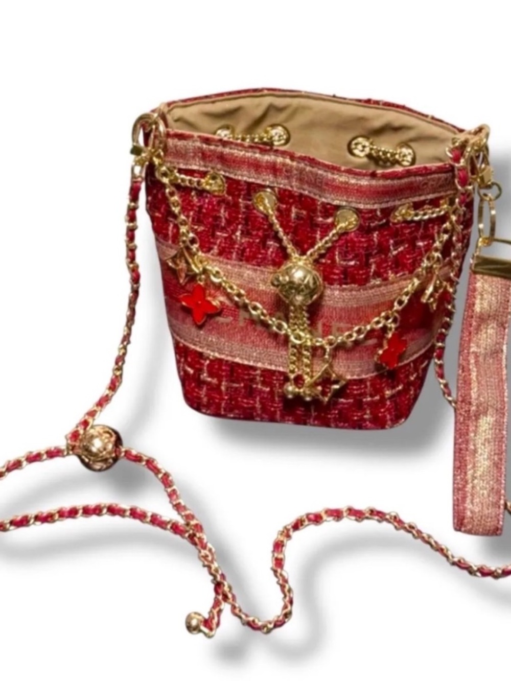 GWP-Chanel Red Tweed Bucket Bag with Gold Chain Accents